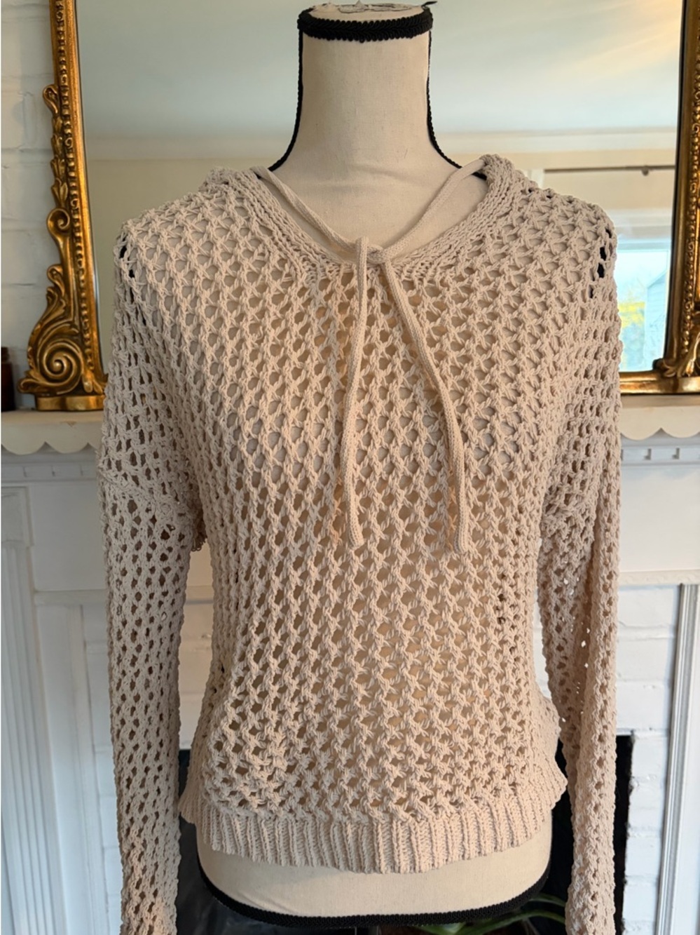 Spring/Summer Cream Airy Open-Knit Fiaherman Hoodie Tie Pullover Natural Medium